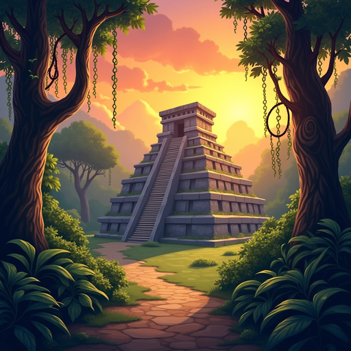 beautiful game background of an ancient mayan-themed forest at sunset, warm orange and golden lighting, long dramatic shadows, dense tropical jungle with tall trees and vines, soft mist near the ground, majestic mayan stone temple partially covered by veg