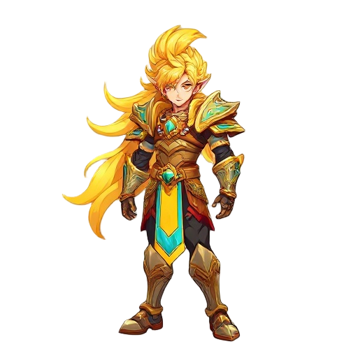 male character, full body, heroic pose, inspired by grand chase style, 2d anime-action look, vibrant colors, soft shading, dynamic light. solkin, the solar guardian, ancient and majestic. glowing golden-yellow hair flowing like sunlight, bright golden eye