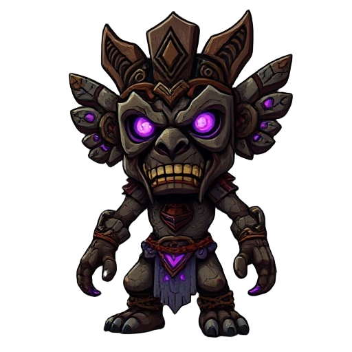dark corrupted mayan creature wearing an ancient totem mask, terrifying expression, made of carved wood and stone with intricate mayan patterns, glowing vibrant purple eyes, body covered in cracked stone-like skin mixed with tribal elements, pulsating cor