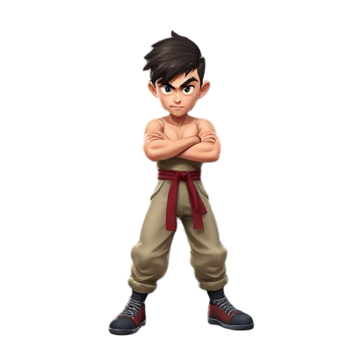 create a 2d fighting game character in a standing battle pose facing left to right.