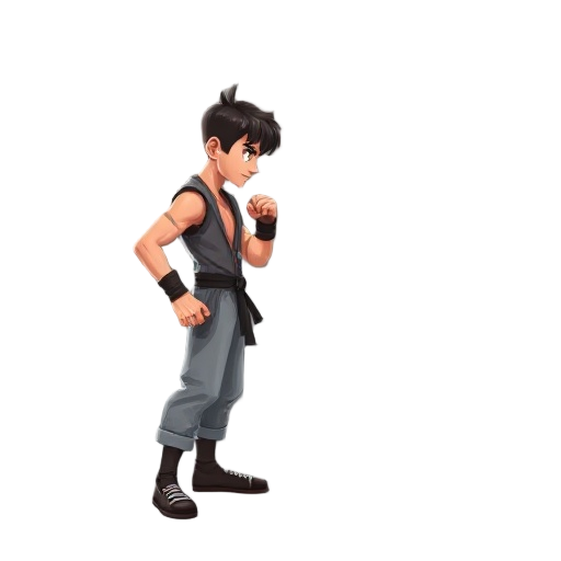 create a 2d fighting game character in a standing battle pose facing left to right.