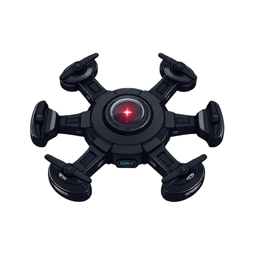 it generates a futuristic, circular drone, black with gray details and with a laser in the middle that has a red tip.