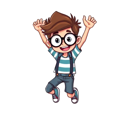 create a 2d sprite of a nerdy character jumping. the character should have big round glasses, messy hair, and wear a striped t-shirt with suspenders and sneakers. the style should be colorful, cute, and cartoonish. the jump pose should be dynamic, with ar