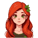 create a 64×64 pixel-art portrait of a young woman in a lush forest setting. she has long, wavy bright-red hair that falls past her shoulders, with a small cluster of green leaves tucked on one side like a natural hair ornament. her skin is light, and she