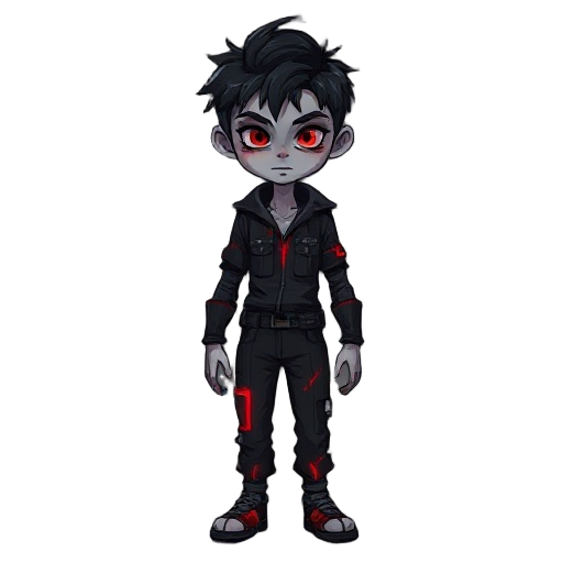 a young experimental vampire hybrid with pale grayish skin, glowing crimson eyes, and dark shadows under the eyes. short, messy black hair with a few white streaks caused by mutation stress. lean but athletic build. clothing is torn, experimental—black re