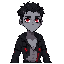 a young experimental vampire hybrid with pale grayish skin, glowing crimson eyes, and dark shadows under the eyes. short, messy black hair with a few white streaks caused by mutation stress. lean but athletic build. clothing is torn, experimental—black re