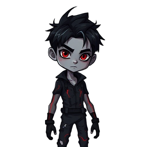 a young experimental vampire hybrid with pale grayish skin, glowing crimson eyes, and dark shadows under the eyes. short, messy black hair with a few white streaks caused by mutation stress. lean but athletic build. clothing is torn, experimental—black re