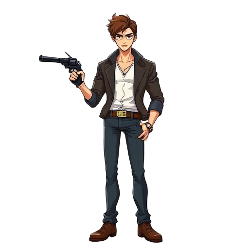 a cowboy bebop style character, handsome, holding a revolver, tall and thin