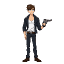 cowboy bebop animated style characters, handsome, holding a revolver, tall and thin
