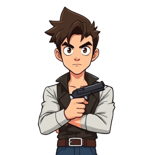 a cowboy bebop style character, handsome, holding a revolver, tall and thin