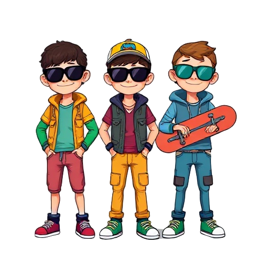 three cool and cute hipster dudes in cool colourful clothing with skateboards on their backs in the firday night funkin game style and cool hats tilted sideways in swaggy poses (make them very pixilated)