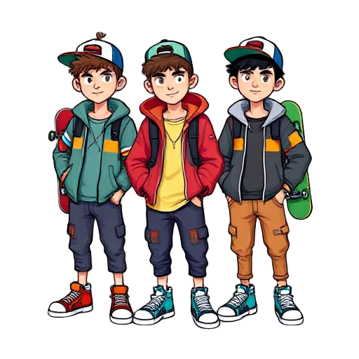 three cool and cute teen hipster dudes in cool colourful hip-hop clothing with cool sneakers and skateboards on their backs in the friday night funkin game style and cool hats tilted sideways in swaggy poses (make them very pixilated as in game like, like