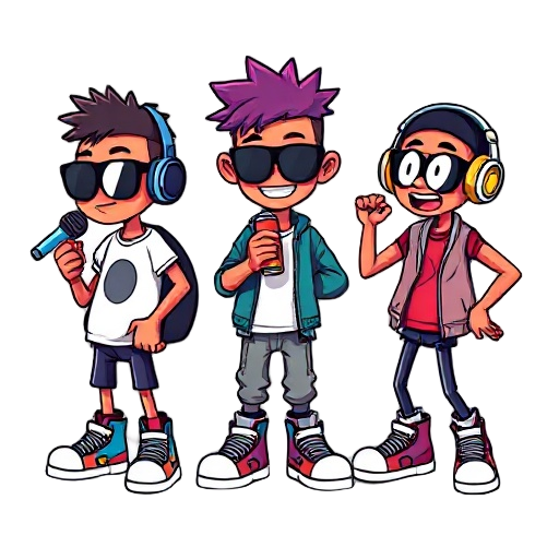 create three bold pixel-art characters with thick outlines, big heads, small bodies, and vibrant colors. give each an expressive pose and oversized shoes. one holds a mic, one carries a spray can, and one wears headphones mid-dance. keep the style sharp, 