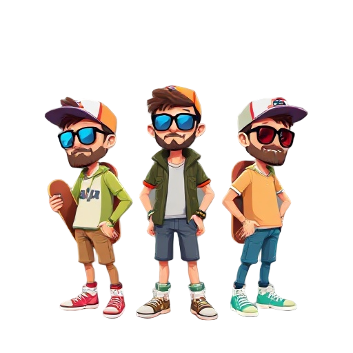 three cool and cute hipster dudes in cool colourful clothing with skateboards on their backs and and cool hats tilted sideways in swaggy poses (make them very pixilated)