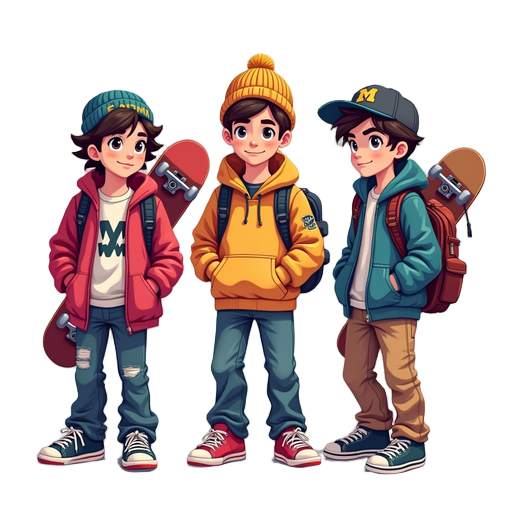 three cool and cute teen hipster dudes in cool colourful hip-hop clothing with cool sneakers and skateboards on their backs in the friday night funkin game style and cool hats tilted sideways in swaggy poses (make them very pixilated as in game like, like