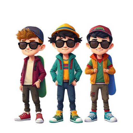 three cool and cute hipster dudes in cool colourful clothing with skateboards on their backs and and cool hats tilted sideways in swaggy poses (make them very pixilated)
