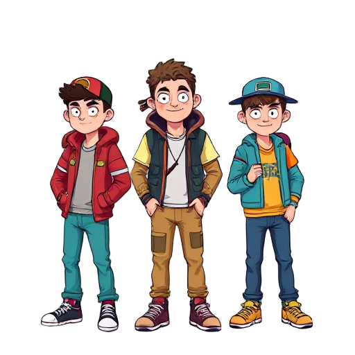 three cool and cute hipster dudes in cool colourful clothing with skateboards on their backs in the friday night funkin game style and cool hats tilted sideways in swaggy poses (make them very pixilated)