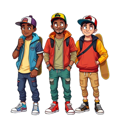 three cool and cute hipster dudes in cool colourful hip-hop clothing with cool sneakers and skateboards on their backs in the friday night funkin game style and cool hats tilted sideways in swaggy poses (make them very pixilated)