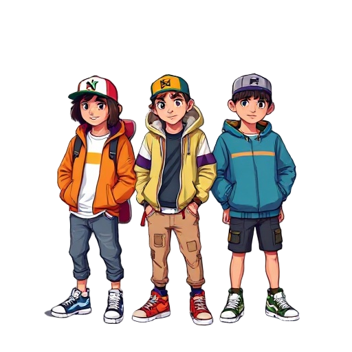 three cool and cute teen hipster dudes in cool colourful hip-hop clothing with cool sneakers and skateboards on their backs in the friday night funkin game style and cool hats tilted sideways in swaggy poses (make them very pixilated as in game like, like