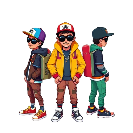 three cool and cute hipster dudes in cool colourful hip-hop clothing with cool sneakers and skateboards on their backs in the friday night funkin game style and cool hats tilted sideways in swaggy poses (make them very pixilated)