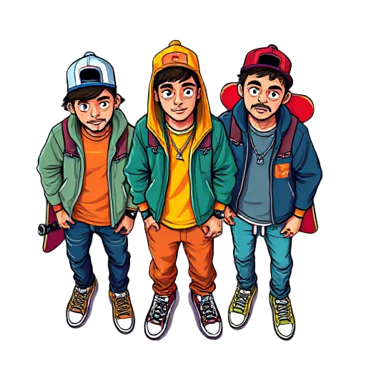 three cool and cute hipster dudes in cool colourful hip-hop clothing with cool sneakers and skateboards on their backs in the friday night funkin game style and cool hats tilted sideways in swaggy poses (make them very pixilated)