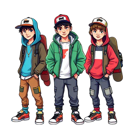 three cool and cute teen hipster dudes in cool colourful hip-hop clothing with cool sneakers and skateboards on their backs in the friday night funkin game style and cool hats tilted sideways in swaggy poses (make them very pixilated as in game like, like
