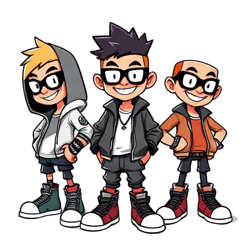 “create three bold cartoon characters with sharp angles, thick black outlines, bright colors, and huge expressive shoes. each has an edgy pose, confident grin, and street-style clothing. keep proportions small-body, big-head, high-energy, and attitude-hea
