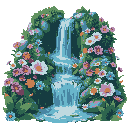 make a beauyfull cascade, a nature cascade with plenty of flowers. deep and vibrant colours of green and blue