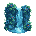 make a beauyfull cascade, a nature cascade with some flowers. deep colours of green and blue, the flowers need to be dark and with plenty of shine
