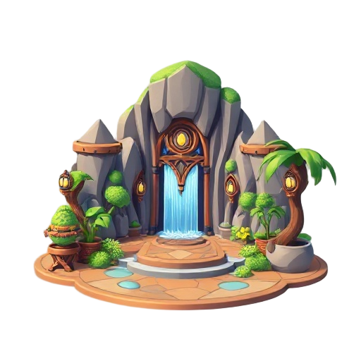 make a lobby with a beauyfull cascade,  amedieval nature lobby