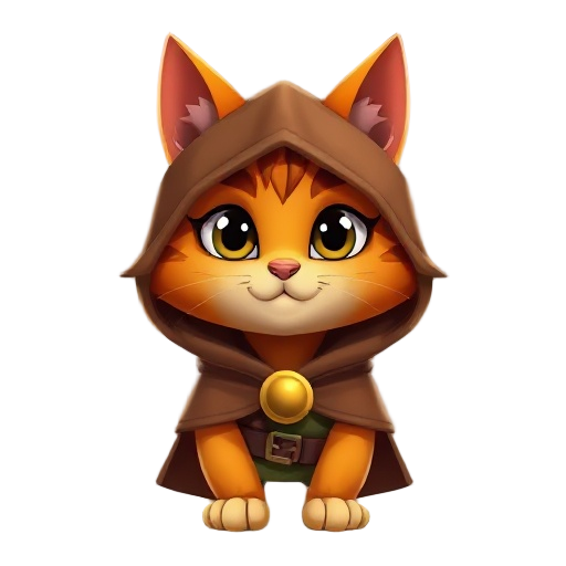 humanoid orange cat wearing a brown cloak with a gold butten,