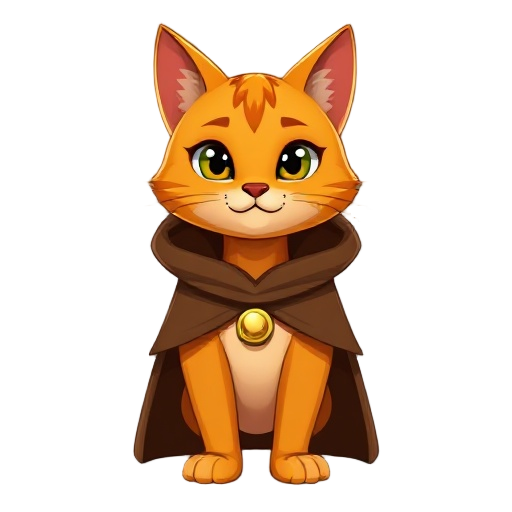 humanoid orange cat wearing a brown cloak down with a gold butten,