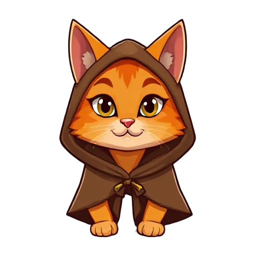 orange cat wearing a brown cloak,