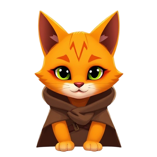 humanoid orange cat wearing a brown cloak,