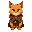 humanoid orange cat wearing a brown cloak down with a gold butten,