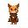 humanoid orange cat wearing a brown cloak down with a gold butten,