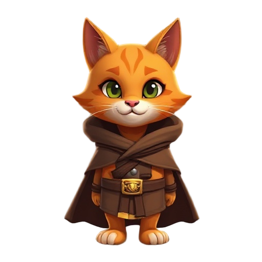 humanoid orange cat wearing a brown cloak down with a gold butten,