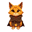 humanoid orange cat wearing a brown cloak down with a gold butten,