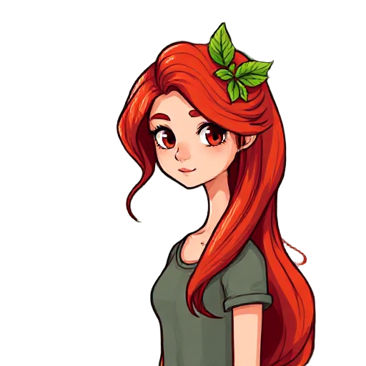 create a 64×64 pixel-art portrait of a young woman in a lush forest setting. she has long, wavy bright-red hair that falls past her shoulders, with a small cluster of green leaves tucked on one side like a natural hair ornament. her skin is light, and she