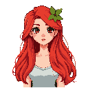 create a 64×64 pixel-art portrait of a young woman in a lush forest setting. she has long, wavy bright-red hair that falls past her shoulders, with a small cluster of green leaves tucked on one side like a natural hair ornament. her skin is light, and she
