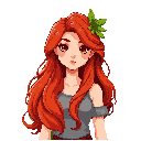 create a 64×64 pixel-art portrait of a young woman in a lush forest setting. she has long, wavy bright-red hair that falls past her shoulders, with a small cluster of green leaves tucked on one side like a natural hair ornament. her skin is light, and she