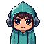 cute child hero wearing teal hoodie and headphones, big eyes, cheerful expression style retro