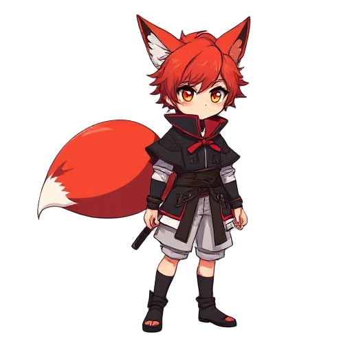 full-body 2d sprite of zakura tenryuu, a young foxkin warrior from the tenryuu clan. he has fiery red fox ears, a fluffy red tail with a white tip, and sharp amber eyes. his hair is medium-length, slightly messy, and matches his tail in color. he wears a 