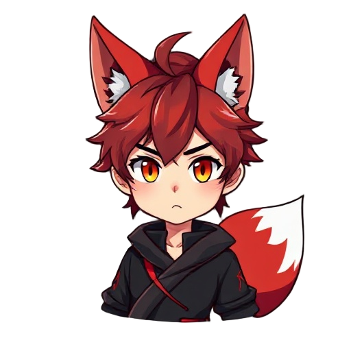full-body 2d sprite of zakura tenryuu, a young foxkin warrior from the tenryuu clan. he has fiery red fox ears, a fluffy red tail with a white tip, and sharp amber eyes. his hair is medium-length, slightly messy, and matches his tail in color. he wears a 