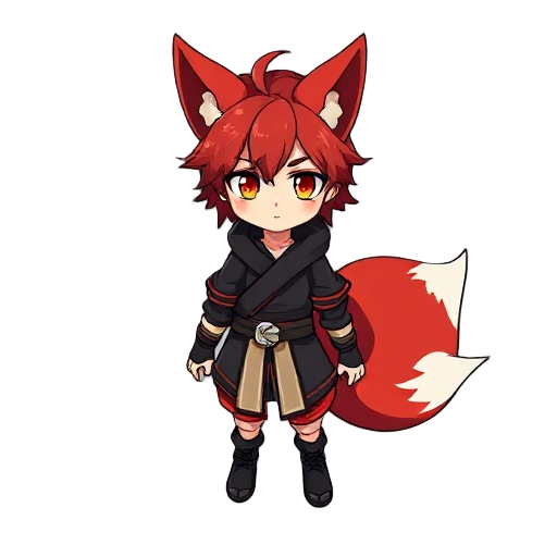 full-body 2d sprite of zakura tenryuu, a young foxkin warrior from the tenryuu clan. he has fiery red fox ears, a fluffy red tail with a white tip, and sharp amber eyes. his hair is medium-length, slightly messy, and matches his tail in color. he wears a 