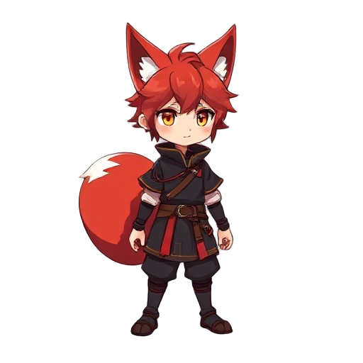 full-body 2d sprite of zakura tenryuu, a young foxkin warrior from the tenryuu clan. he has fiery red fox ears, a fluffy red tail with a white tip, and sharp amber eyes. his hair is medium-length, slightly messy, and matches his tail in color. he wears a 