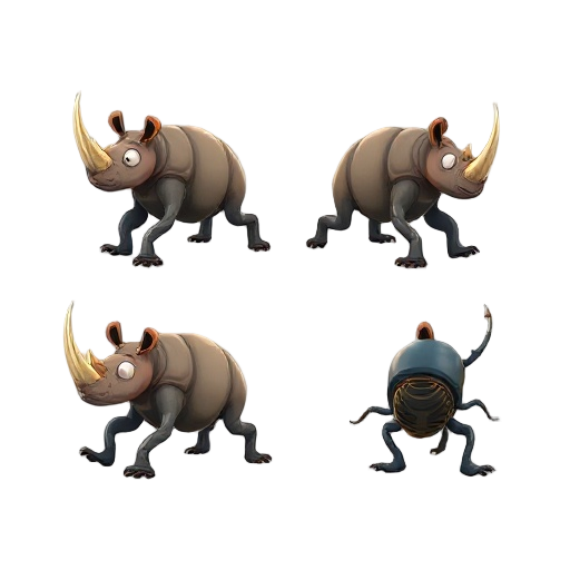 rhinoceros beetle walk cycle, multiple poses, frame 1 frame 2 frame 3 frame 4, legs in different pos