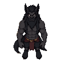 black man beastman. muscular, with wolf ears and tail. has dreadlocks, a beard.