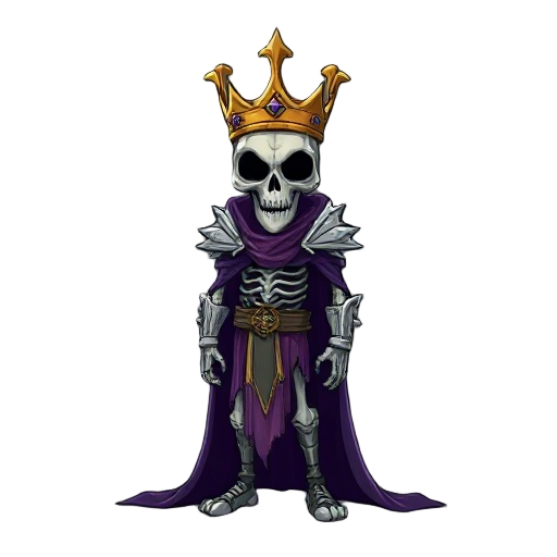 undead monarch with shattered brass crown, long tattered purple cape and skeletal armor.