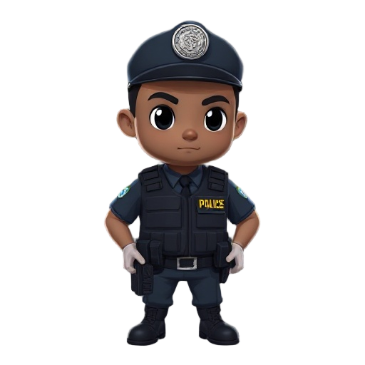 3d pre-rendered sprite → 2d. classic urban police officer. dark-skinned. white skin. bulletproof vest.